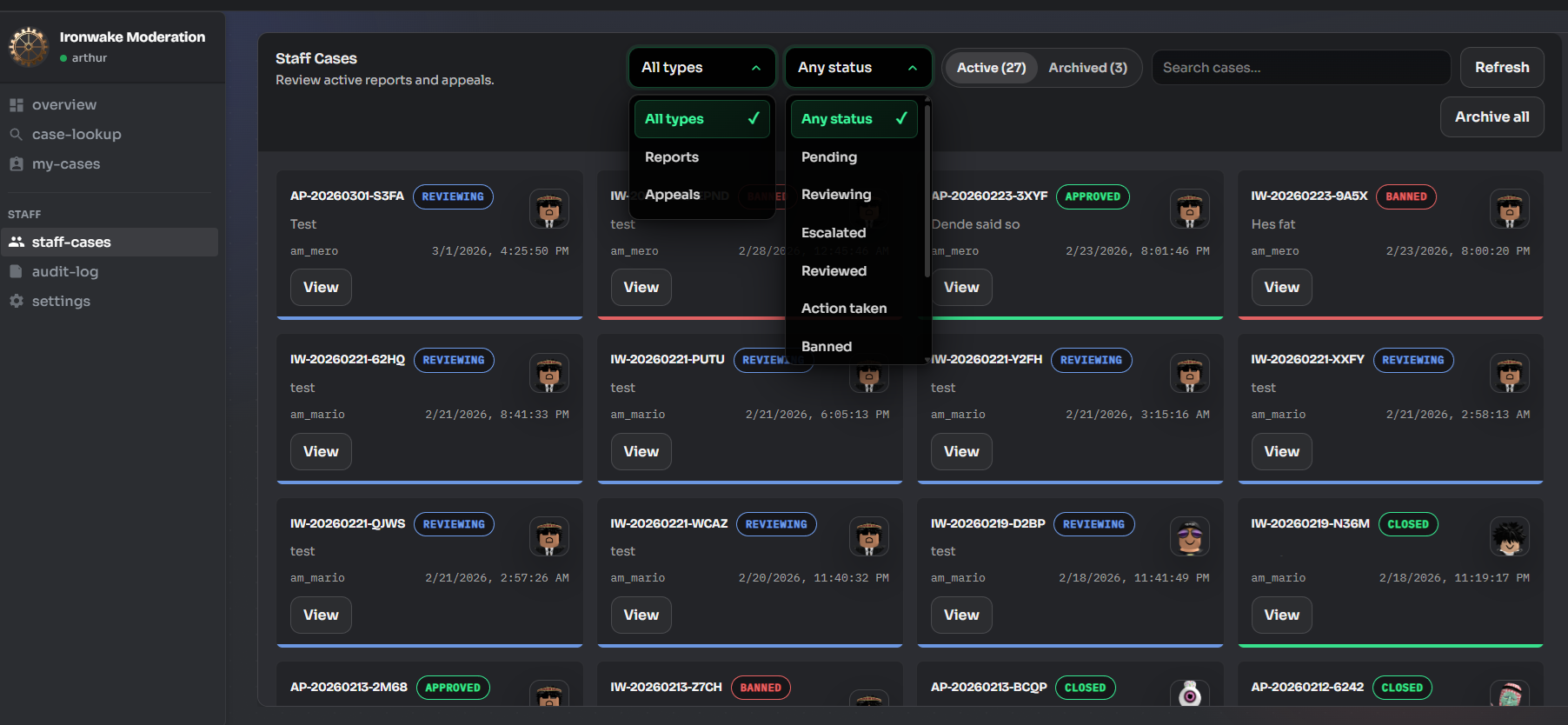 Staff dashboard — case list