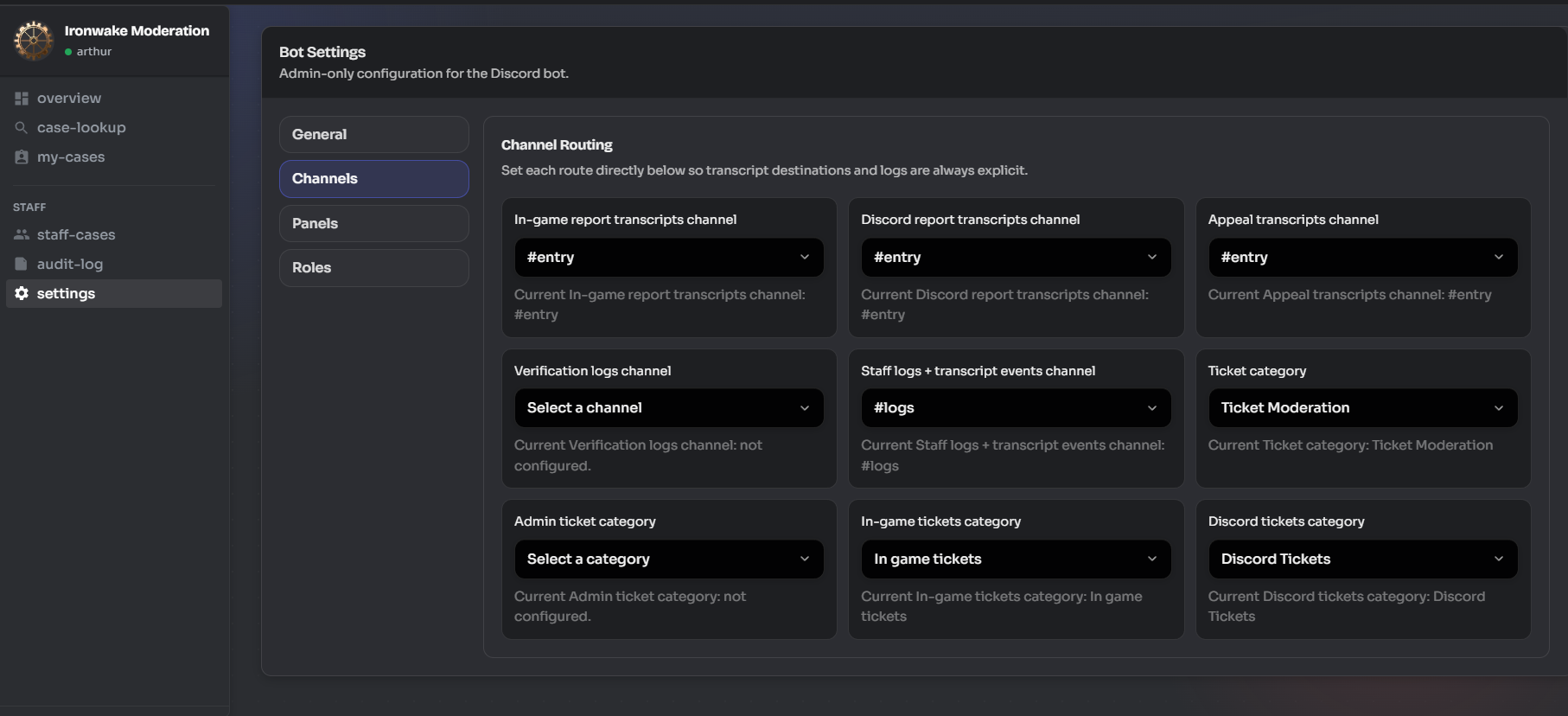 Staff dashboard — settings